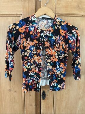 Karen Millen Black Floral Button-Up Cardigan with Orange & Blue Blooms